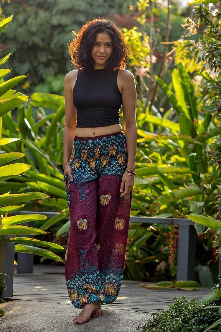 Burgundy Elephant Print Flowy Yoga Pants