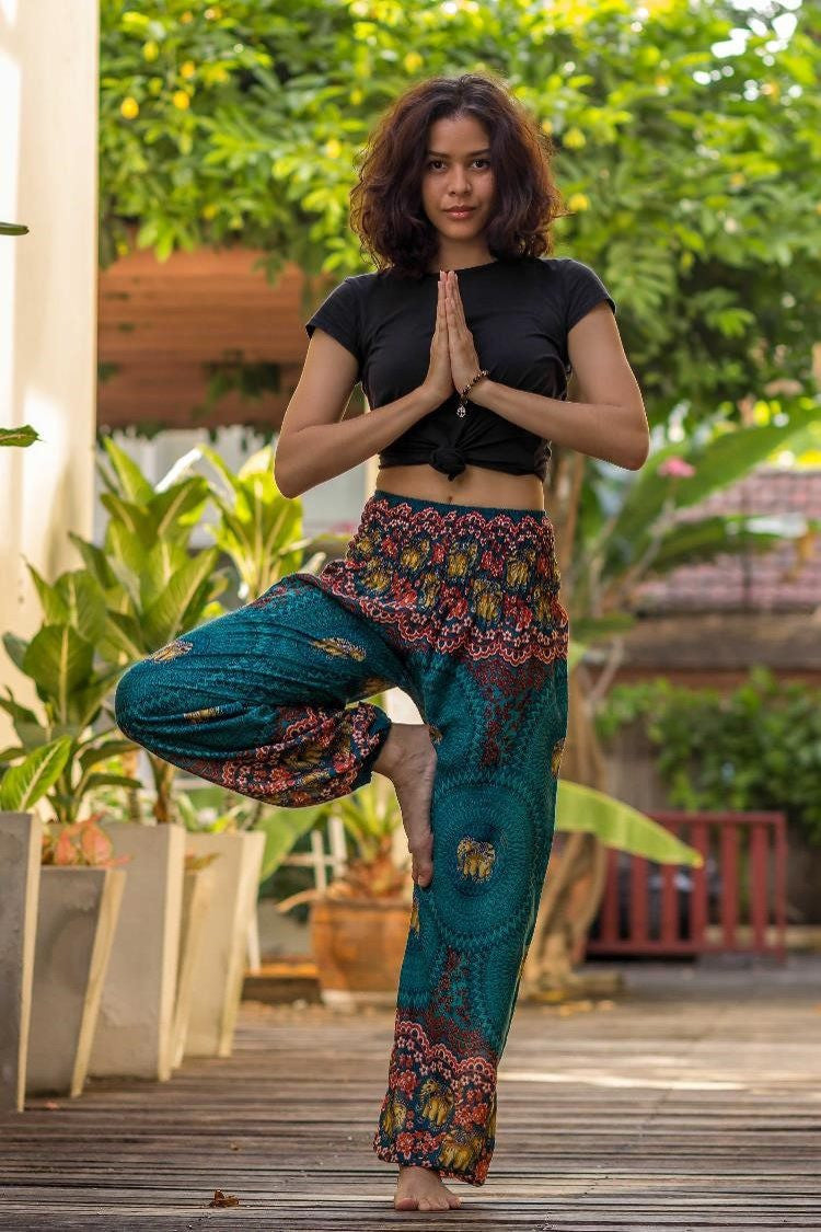完売品✨Gypsohila ジプソフィア　Stylish Chino Pants Teal Elephant Print Flowy Yoga Pants | Hippie-Pants.com – Hippie Pants