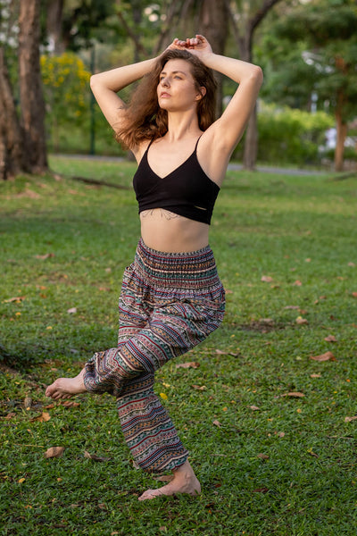 Multicolor patterned rayon pants, relaxed wide-leg fit with elastic waist, side view