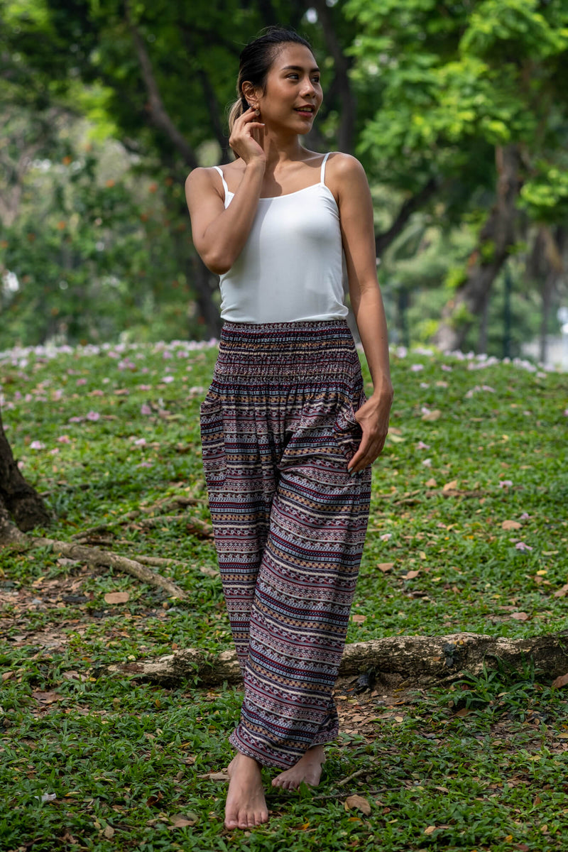 Multicolor rayon wide-leg pants with geometric stripe print and elastic waist