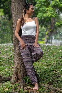 Multicolor rayon wide-leg pants with geometric stripe print and rolled waistband