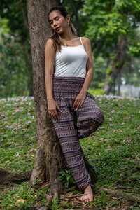Multicolor rayon wide-leg pants with geometric stripe print, ankle-length hem