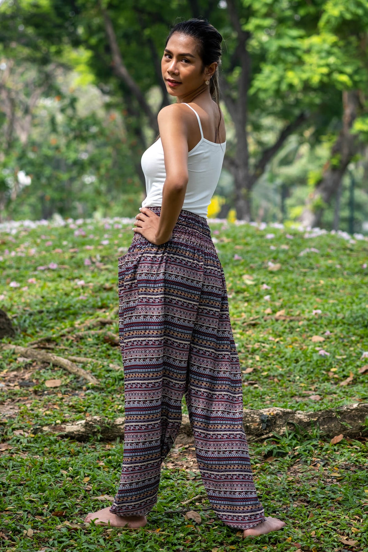 Multicolor rayon wide-leg pants with geometric stripe print and relaxed drape