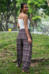 Multicolor rayon wide-leg pants with geometric stripe print, full-length
