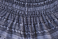 Gray rayon pants waistband with gathered elastic and bold geometric print