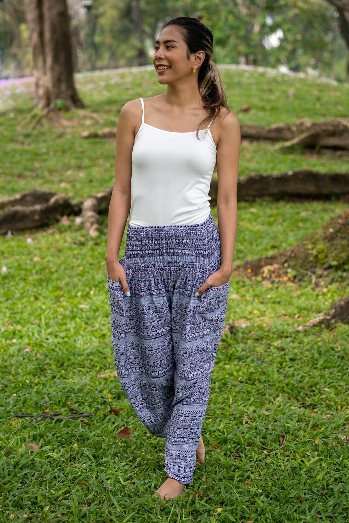 Gray printed rayon pants with gathered waistband and wide relaxed legs