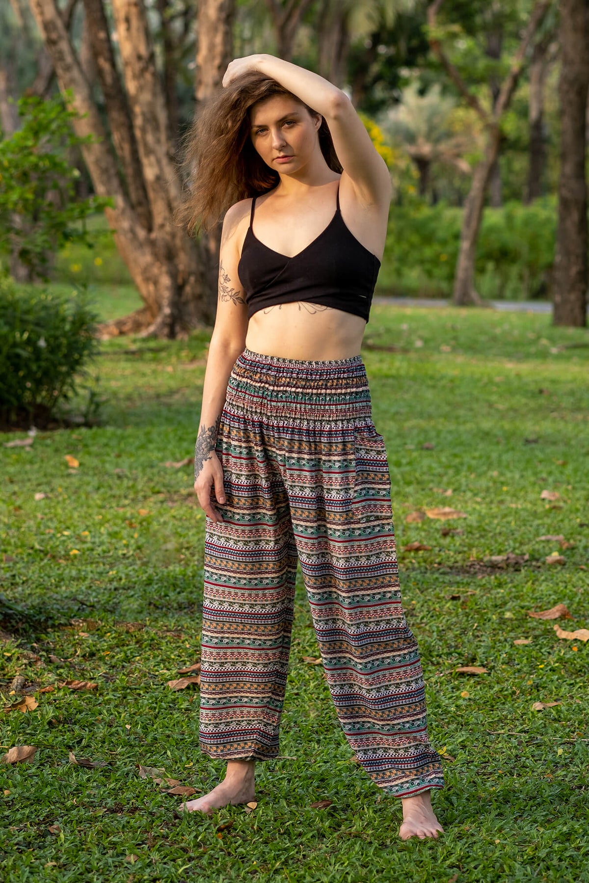 Multicolor patterned rayon pants, wide-leg fit with elastic waist, front view