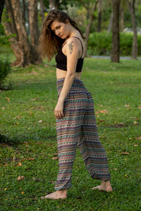 Multicolor patterned rayon pants with wide-leg silhouette and elastic waist, standing