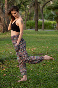 Multicolor patterned rayon pants with elastic waist, full-length side view