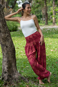 Burgundy paisley print flow pants, relaxed wide legs and elastic waist