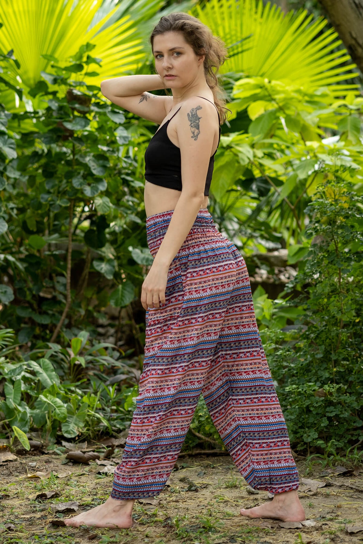 Rayon harem pants in red with blue-and-white patterned rows, ankle-length