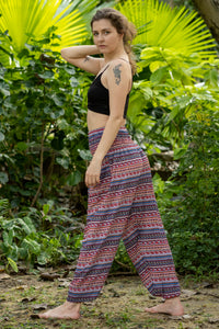 Rayon harem pants in red with blue-and-white patterned rows, ankle-length