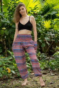 Red rayon harem pants with blue-and-white patterned stripe, relaxed fit