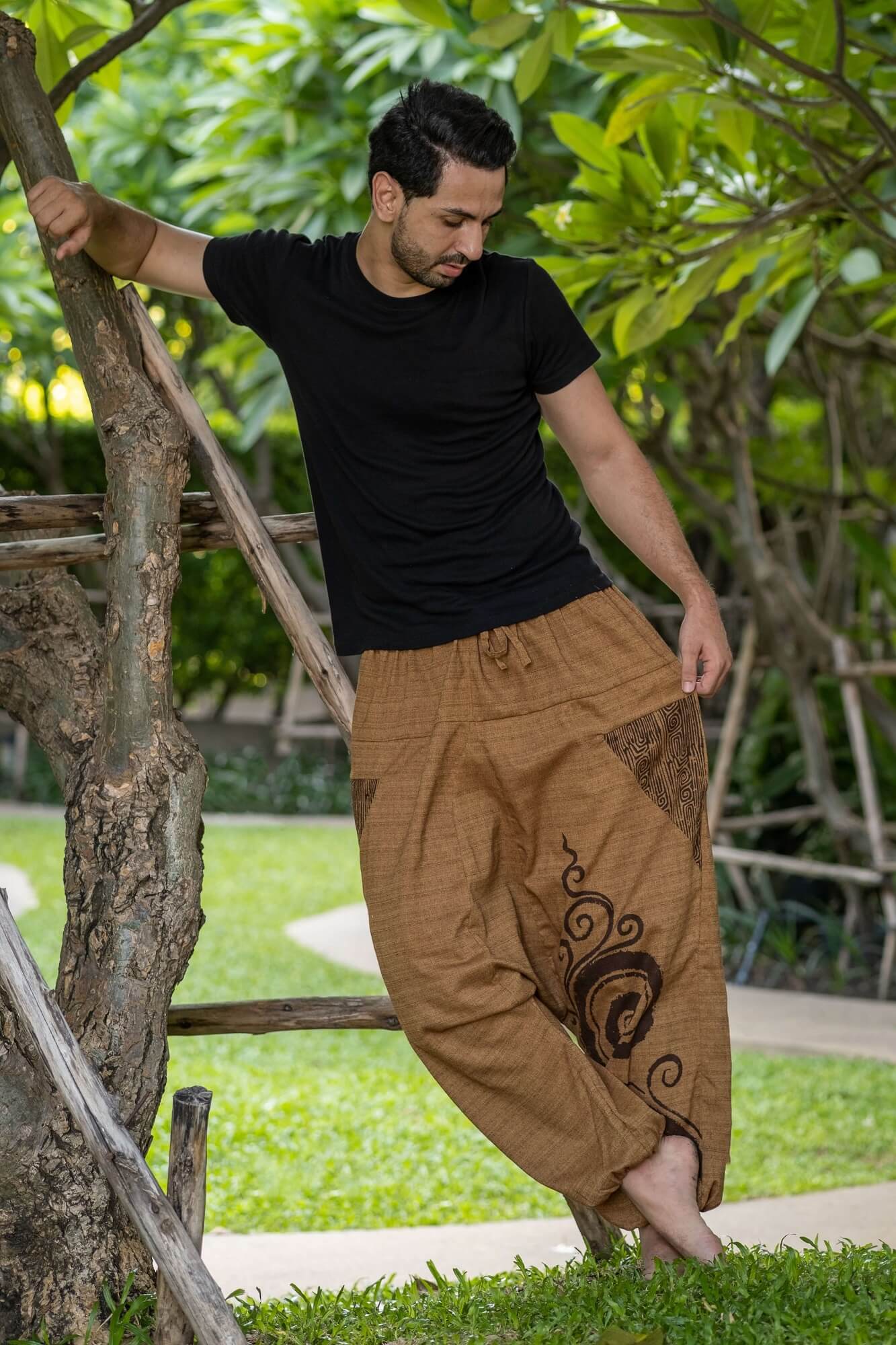 Hippie Boho Yoga Pants, Beige Cotton Trousers, Festival Combat