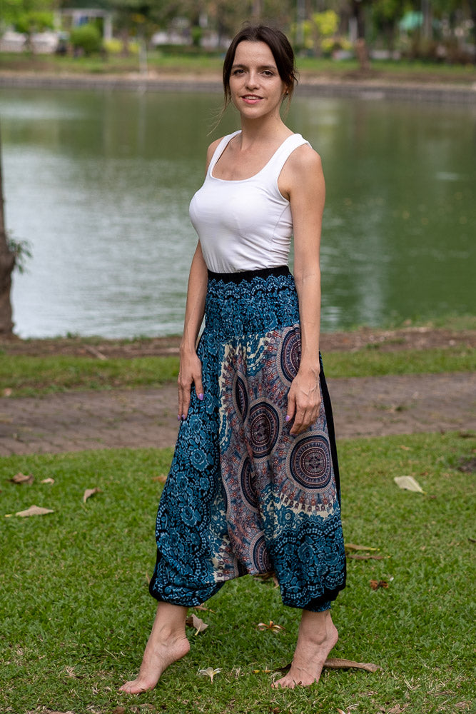 Blue Floral Print Thai Harem Pants