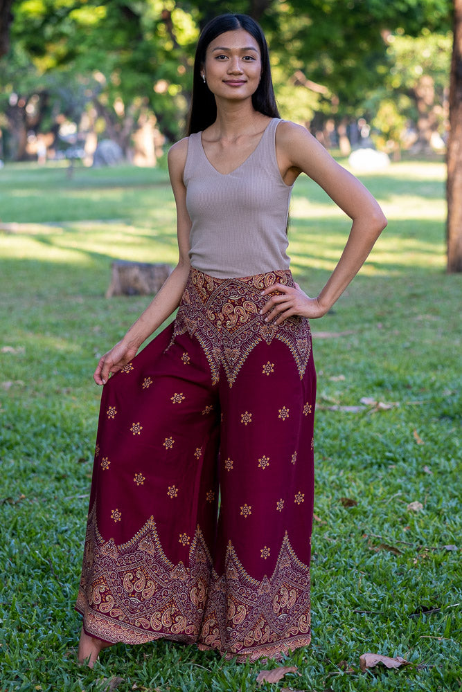 Burgundy flat-front year-round Wide leg cropped Pants