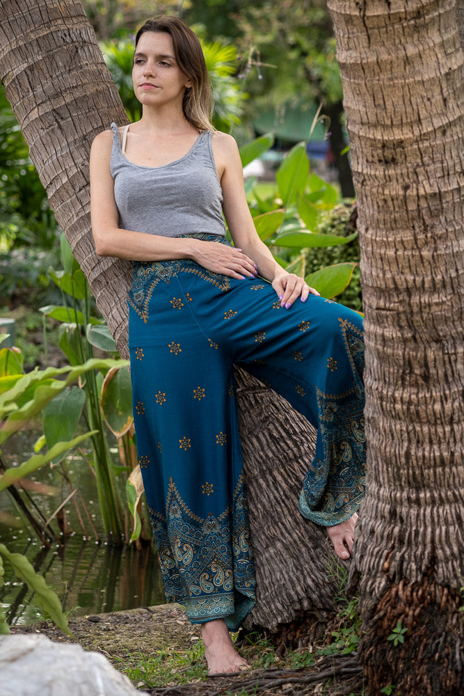 Teal Wide-Leg Star-Patterned Palazzo Pants - Main Image
