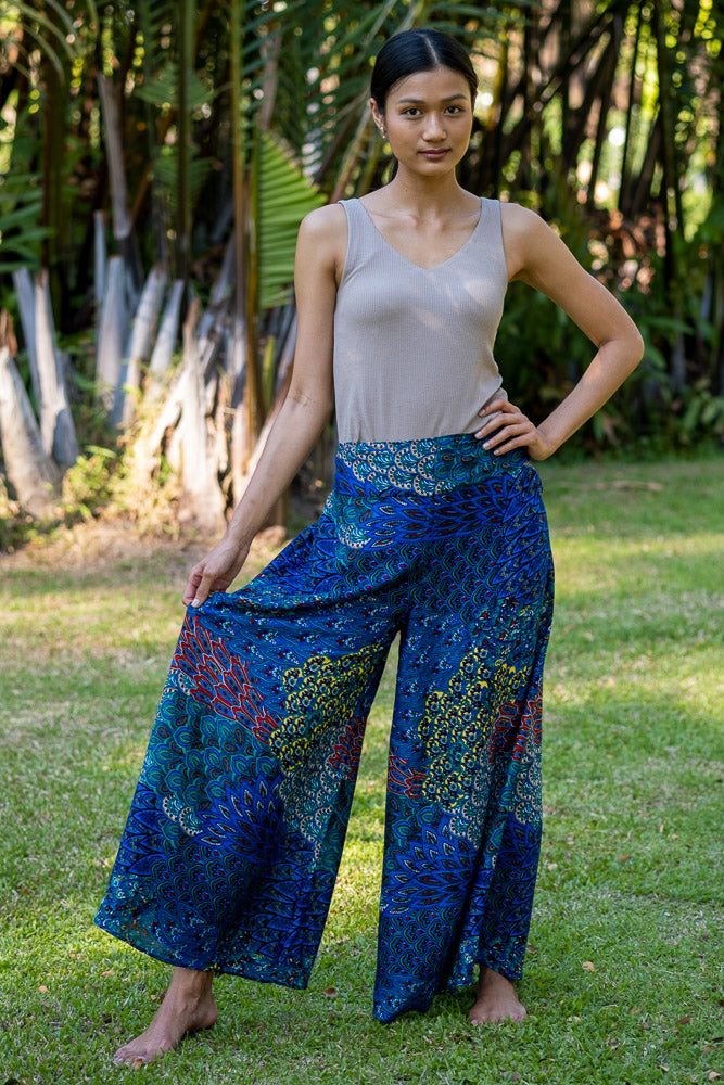 Teal Bamboo Rayon Patterned Palazzo Pants