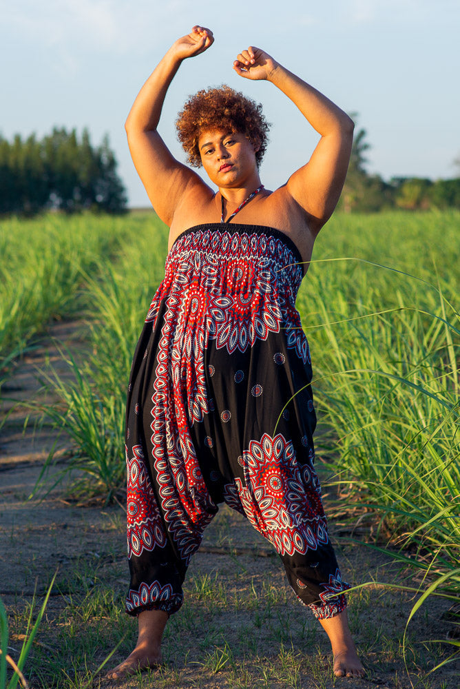 Plus Size Black Lotus Print Harem Pants