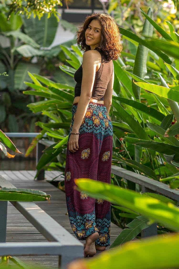 Burgundy Elephant Print Flowy Yoga Pants | Hippie-Pants.com