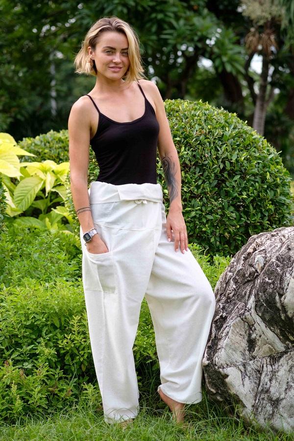 White Long Cotton Fisherman Pants for women