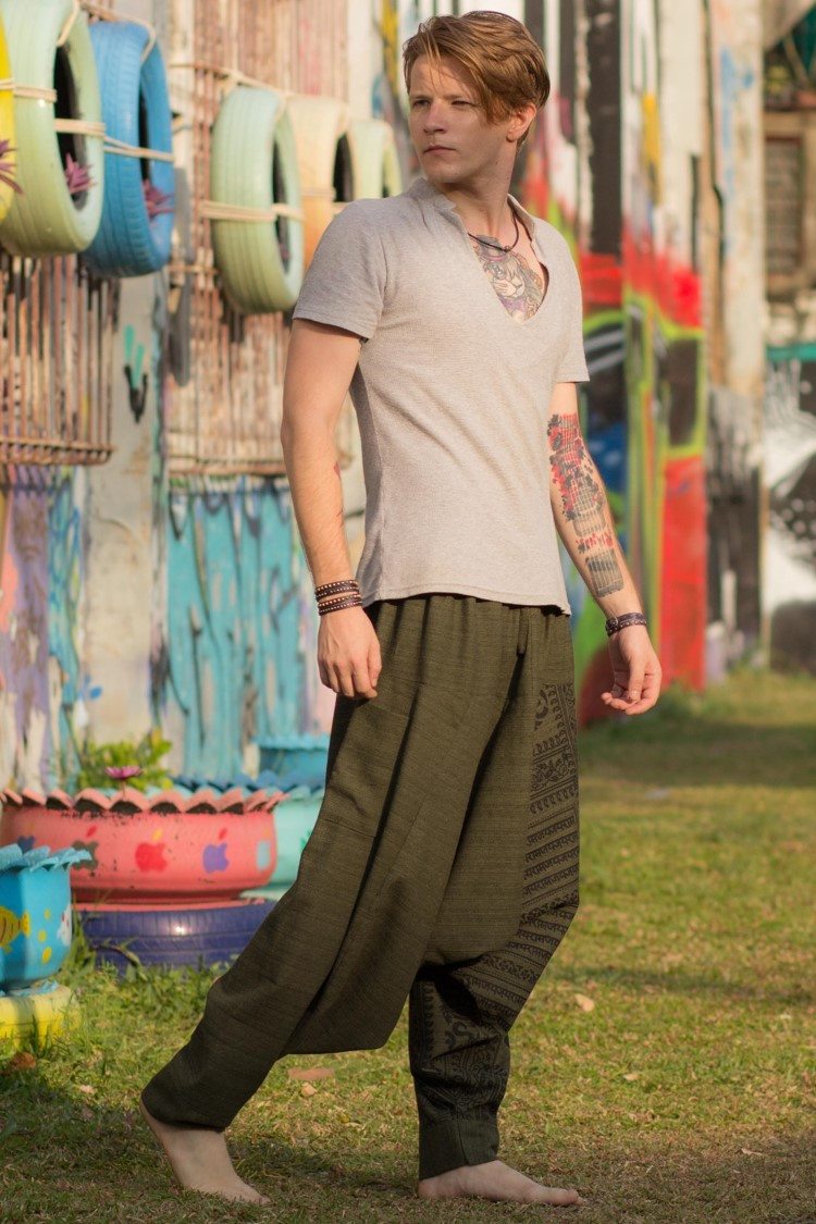 Hombres cáñamo harén pantalones marrón Hippie llano flojo Yoga