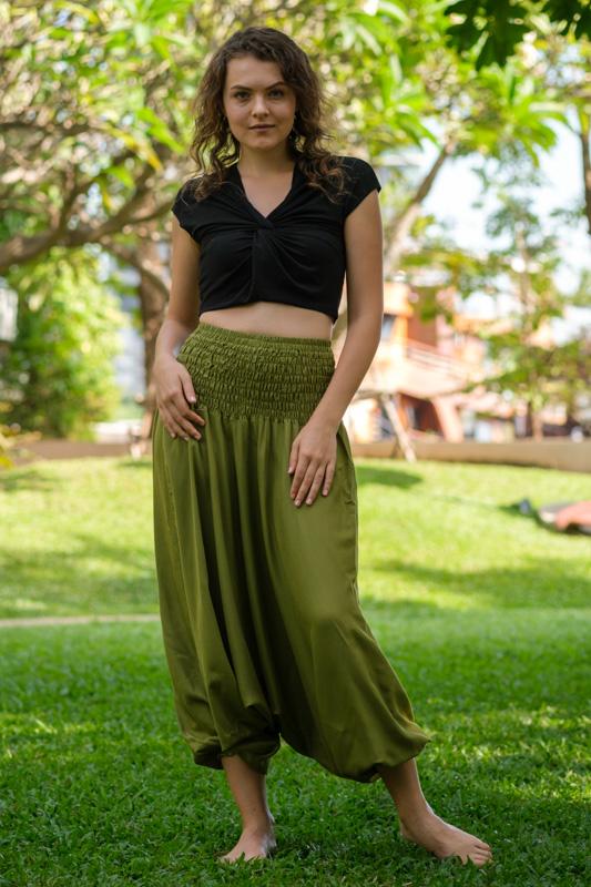 Olive Green Bamboo Rayon Harem Pants from Thailand