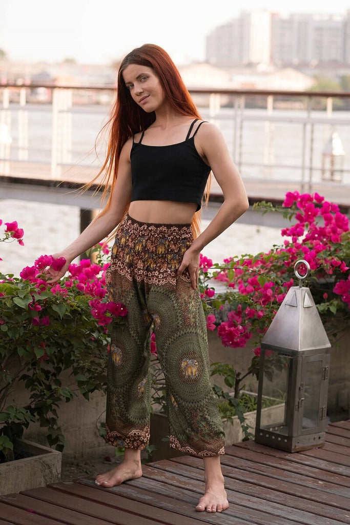 Olive Green Elephant Print Flowy Yoga Pants - Main Image
